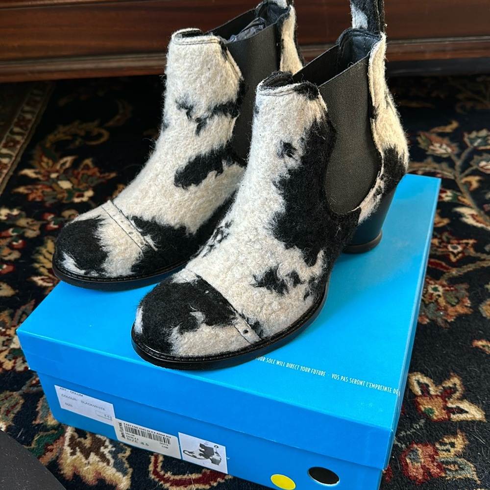 John Fluevog Black and White Cowhair Ankle Booties